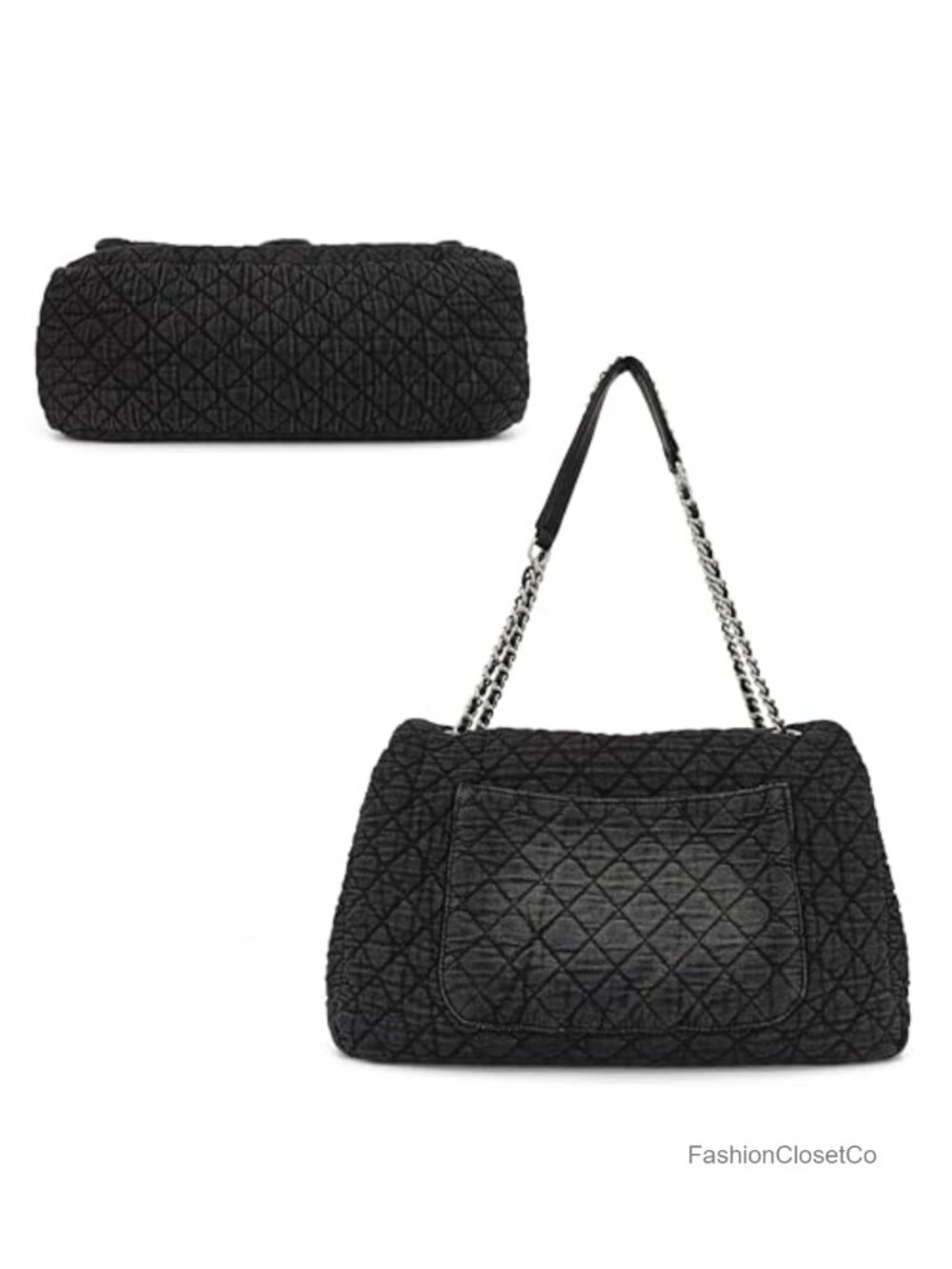 Extra Large Quilted Denim Hobo Bag with Chain Straps and Flap Closure for Travel - Picture 3 of 6